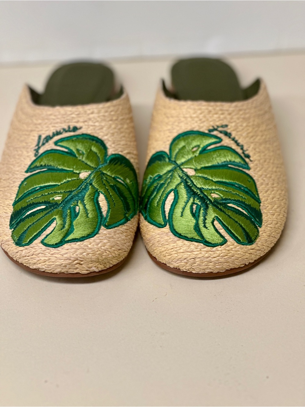 FARM Rio Raffia Slip-On Mules with Green Monstera  LOGO Embroidery
